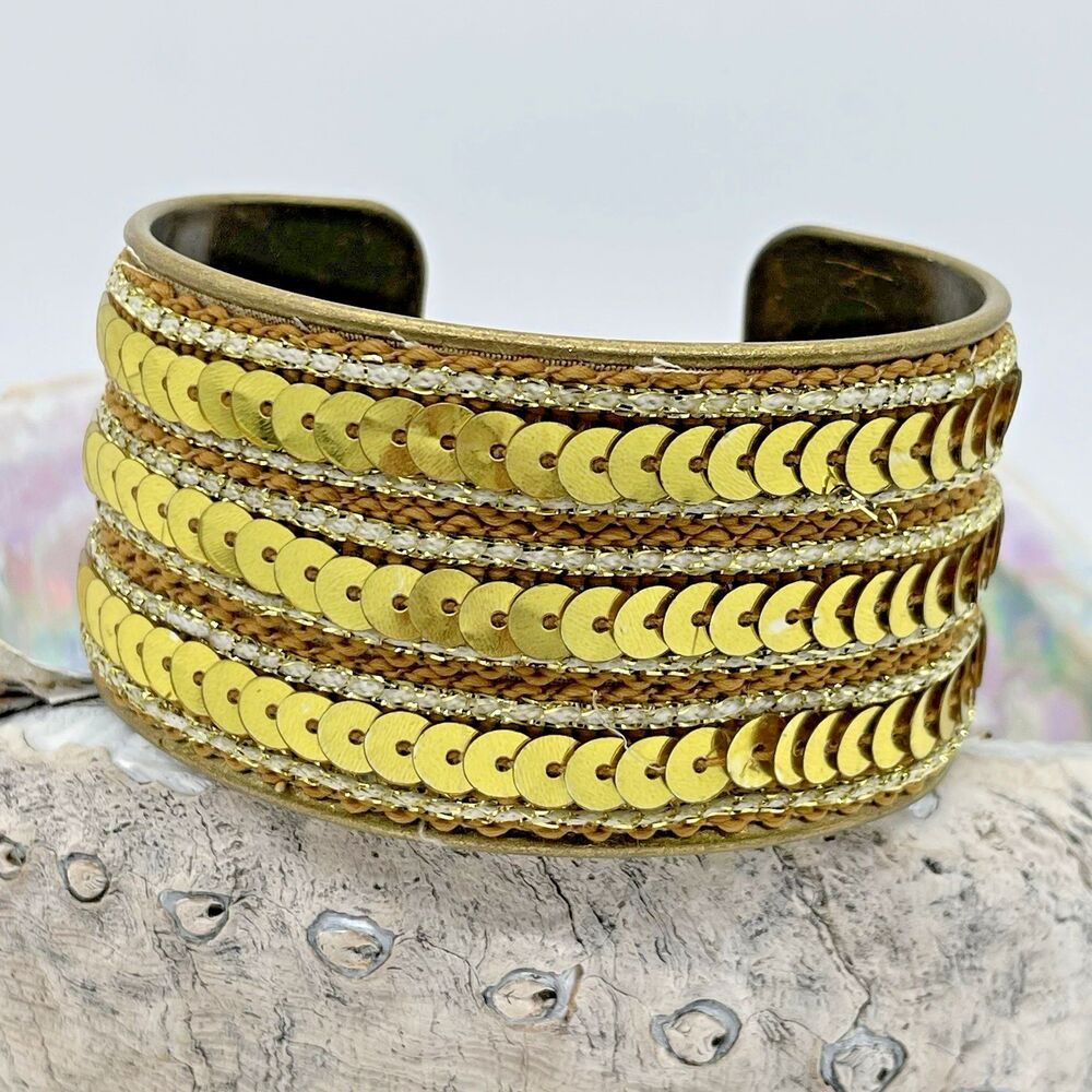 Sequin Open Cuff Bracelet Women's 1.5 in Goldtone Boho Hippie Dancer Costume